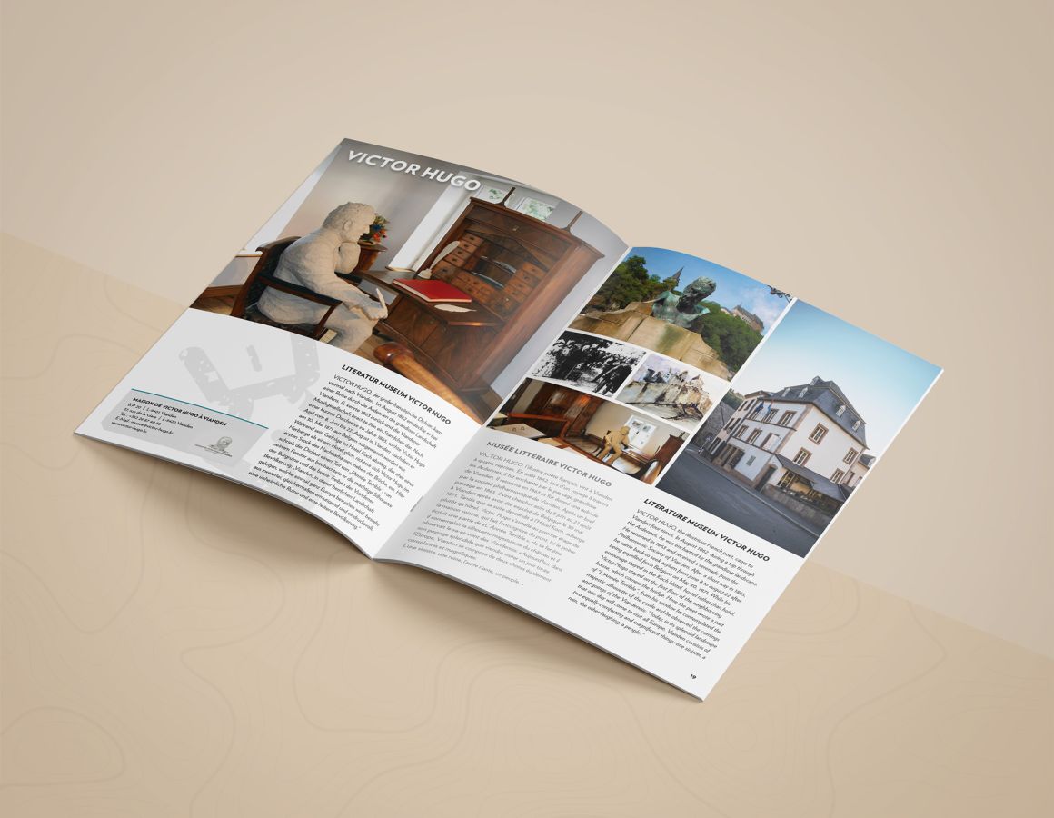 A double page of the Visit Vianden brochure 2019 with various photos and texts about the Victor Hugo Museum in Vianden.