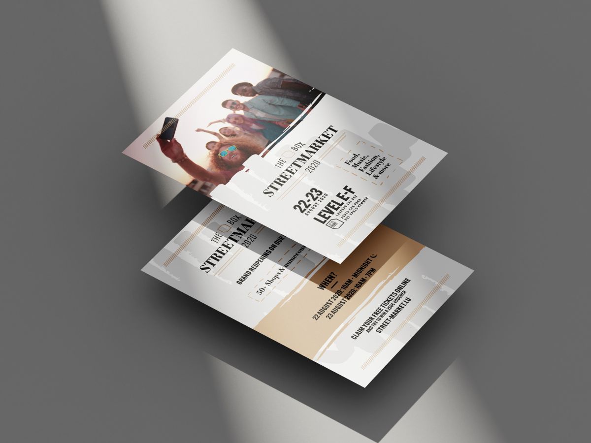 Front and back of the Din A5 flyer for Luxexpo The Box Streetmarket 2020.