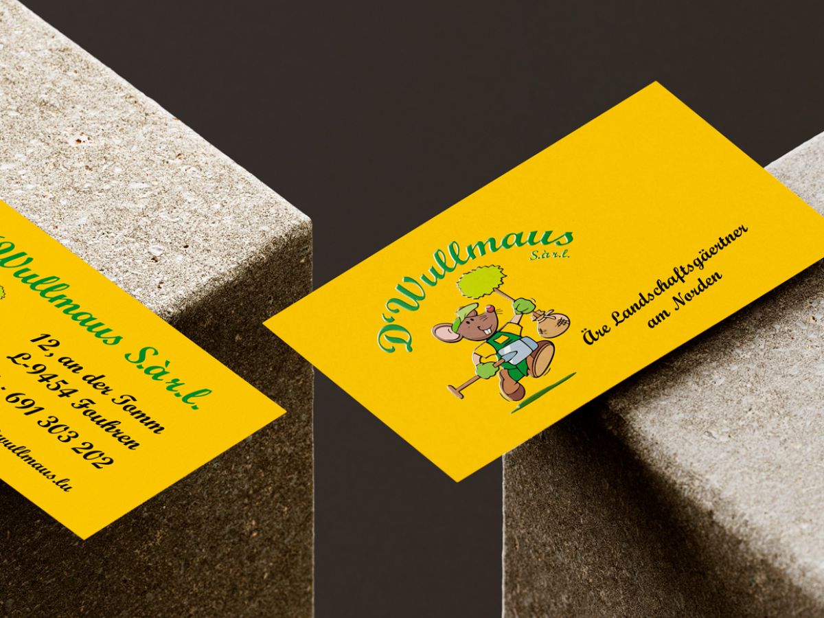 Front and back of the D'Wullmaus S.à r.l. business card lying on a stone.
