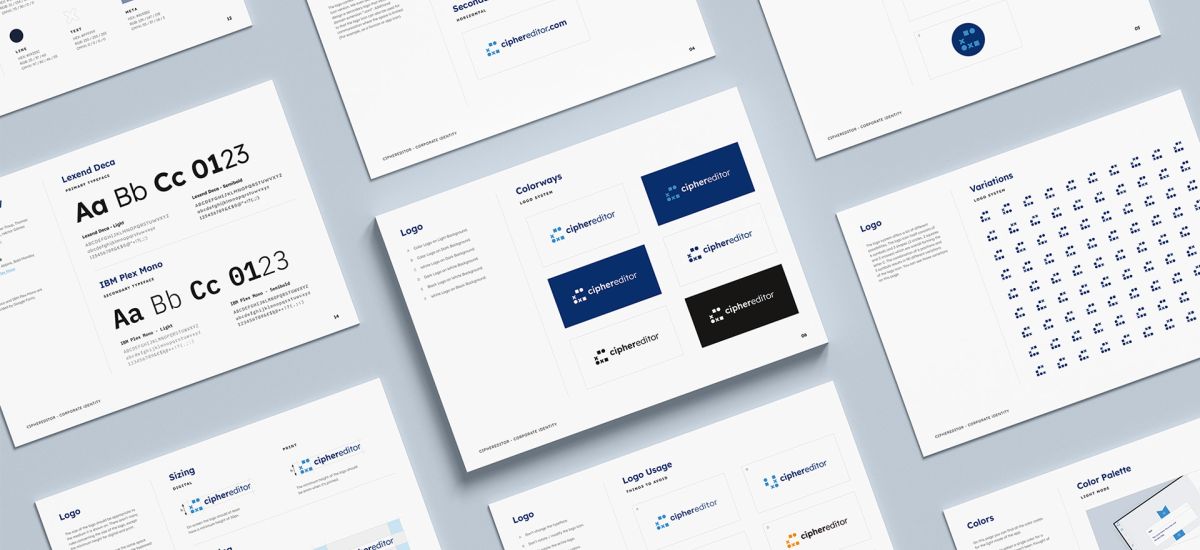 Logo explanations and guidelines of ciphereditor presented in a grid-like layout.