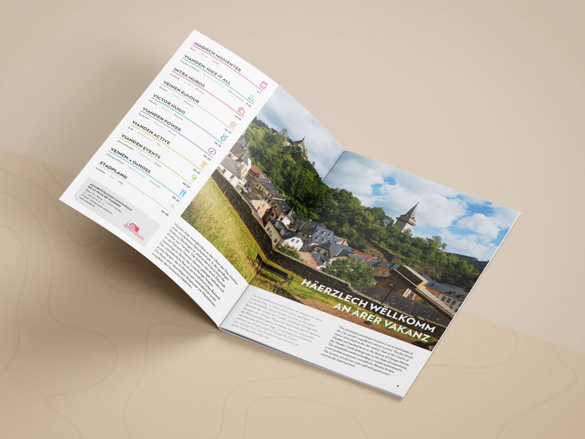 Die ersten beiden Seiten der Visit Vianden Broschüre 2019, die das Inhaltsverzeichnis und einen kurzen Einleitungstext enthalten.