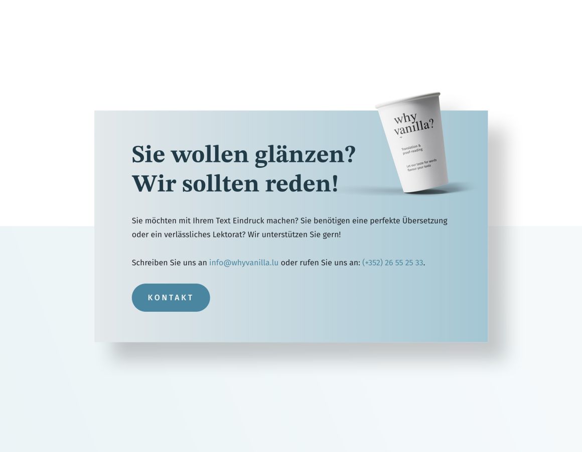 Contact Section of the why vanilla website showing a coffe cup and ways to reach out to them.