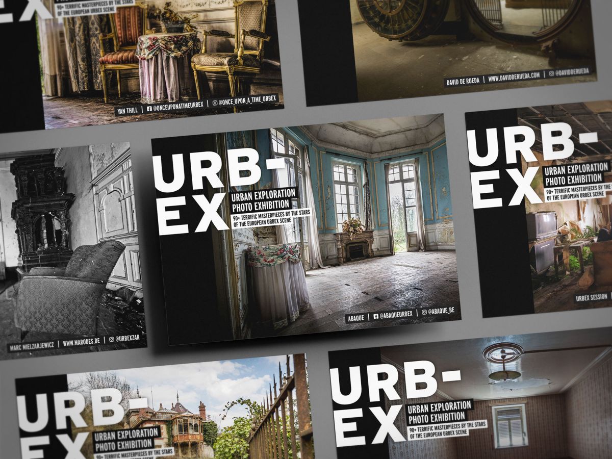 Postkarten mit verschiedenen Motiven der Stars der europäischen Urban Exploration-Szene, die in einem Raster angeordnet sind.