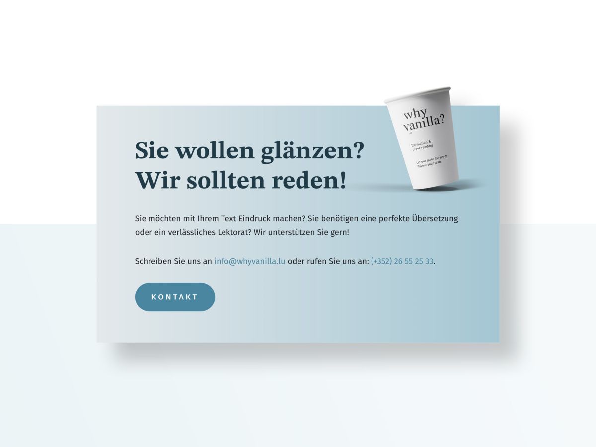 Contact Section of the why vanilla website showing a coffe cup and ways to reach out to them.