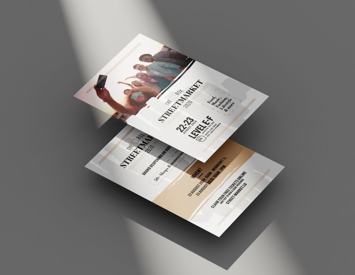 Front and back of the Din A5 flyer for Luxexpo The Box Streetmarket 2020.