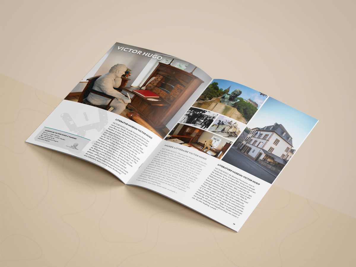 A double page of the Visit Vianden brochure 2019 with various photos and texts about the Victor Hugo Museum in Vianden.