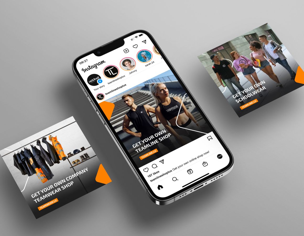 iPhone with the various social media posts created for Teamline.