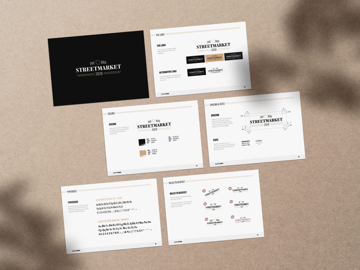 Logo guidelines of the Luxexpo The Box Street Market 2020 presented in a grid layout.