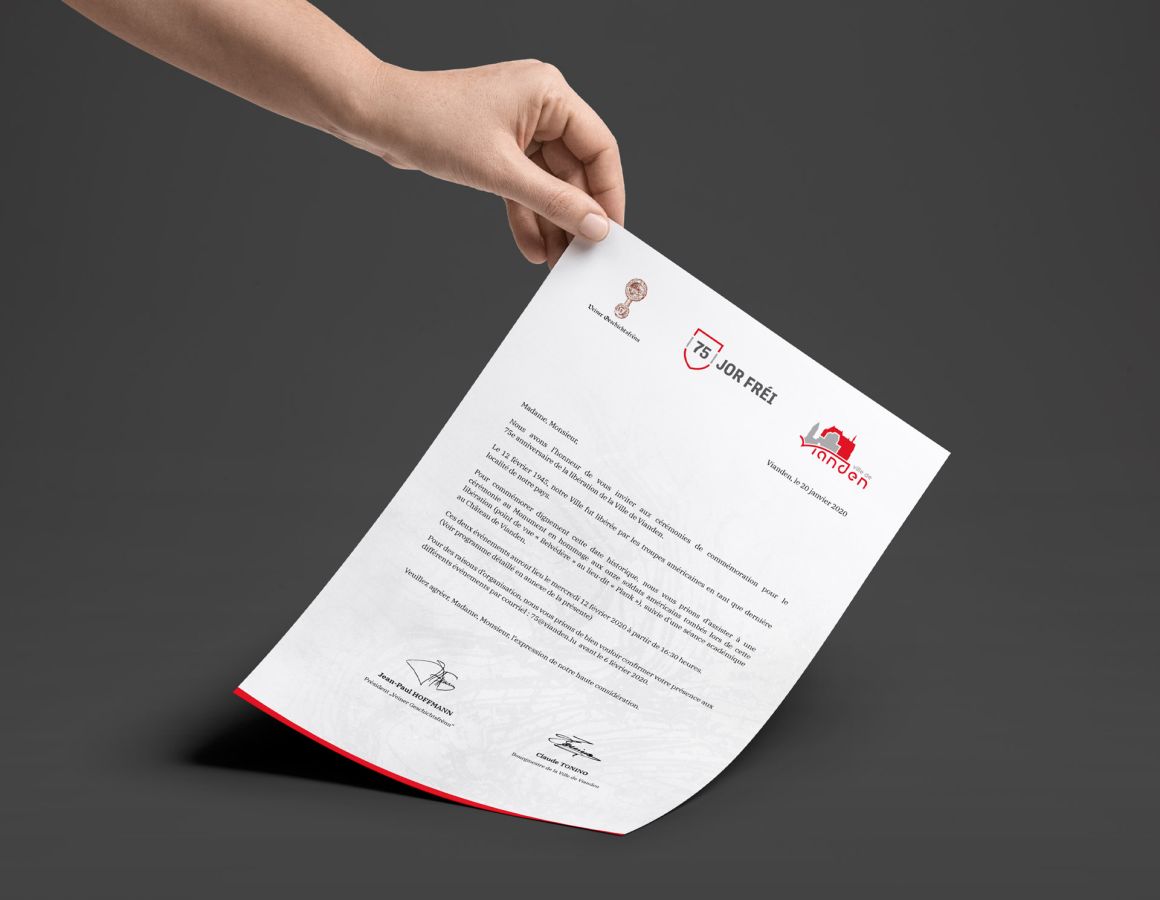 Letter with the invitation text for the ceremony on the occasion of the 75th anniversary of the liberation of Vianden by the Americans in the Second World War.