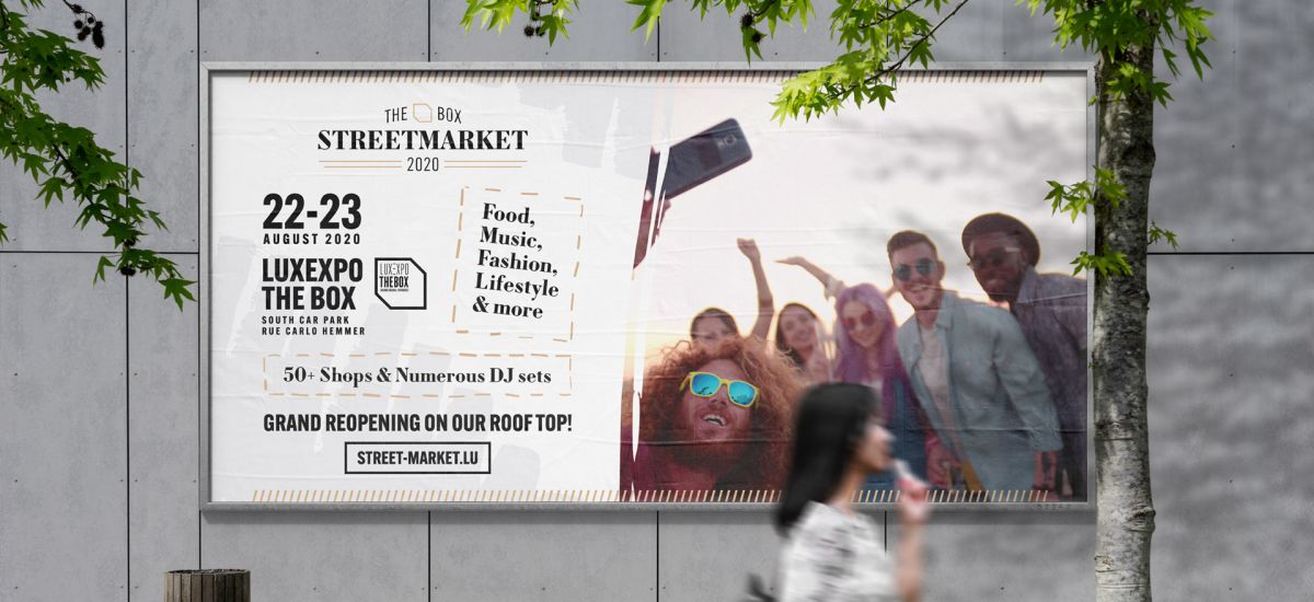 The Box Streetmarket 2020 event banner with date and address of the event on a building.