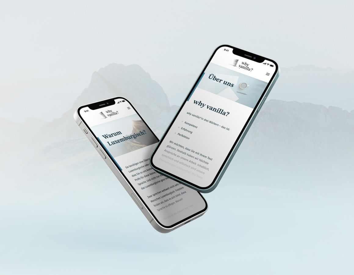 Two iPhones displaying the why luxembourgish? and about us page.