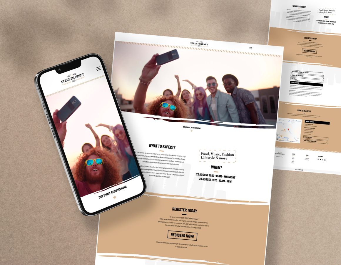 iPhone showing the layout of the mobile event website in the foreground and preview of the desktop website of Luxexpo The Box Streetmarket 2020 in the background.