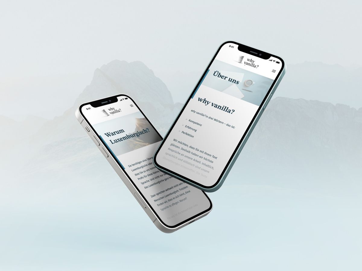Two iPhones displaying the why luxembourgish? and about us page.