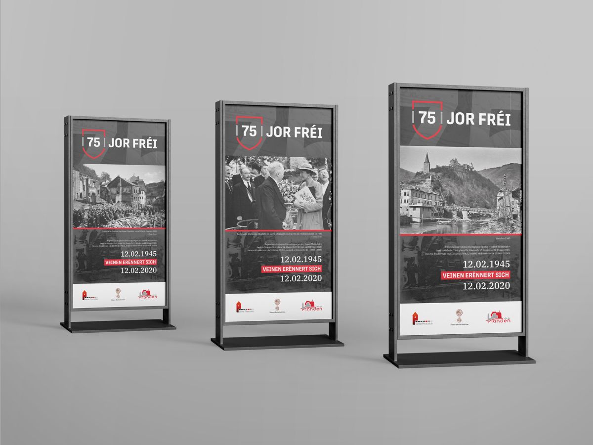 Layout of various displays with historical photos and explanatory texts, which were set up throughout the town to mark the 75th anniversary of the liberation of Vianden by the Americans during the Second World War.Additional layouts of the various displays with historical photos and explanatory texts showing the liberation of Vianden by the Americans in the Second World War.