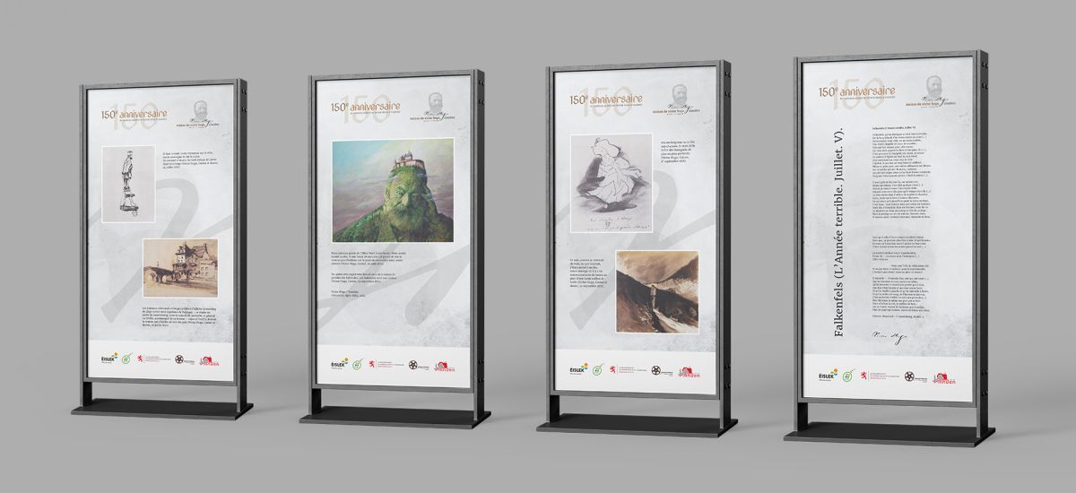 Several billboards showing works from Victor Hugo during his last stay in Vianden