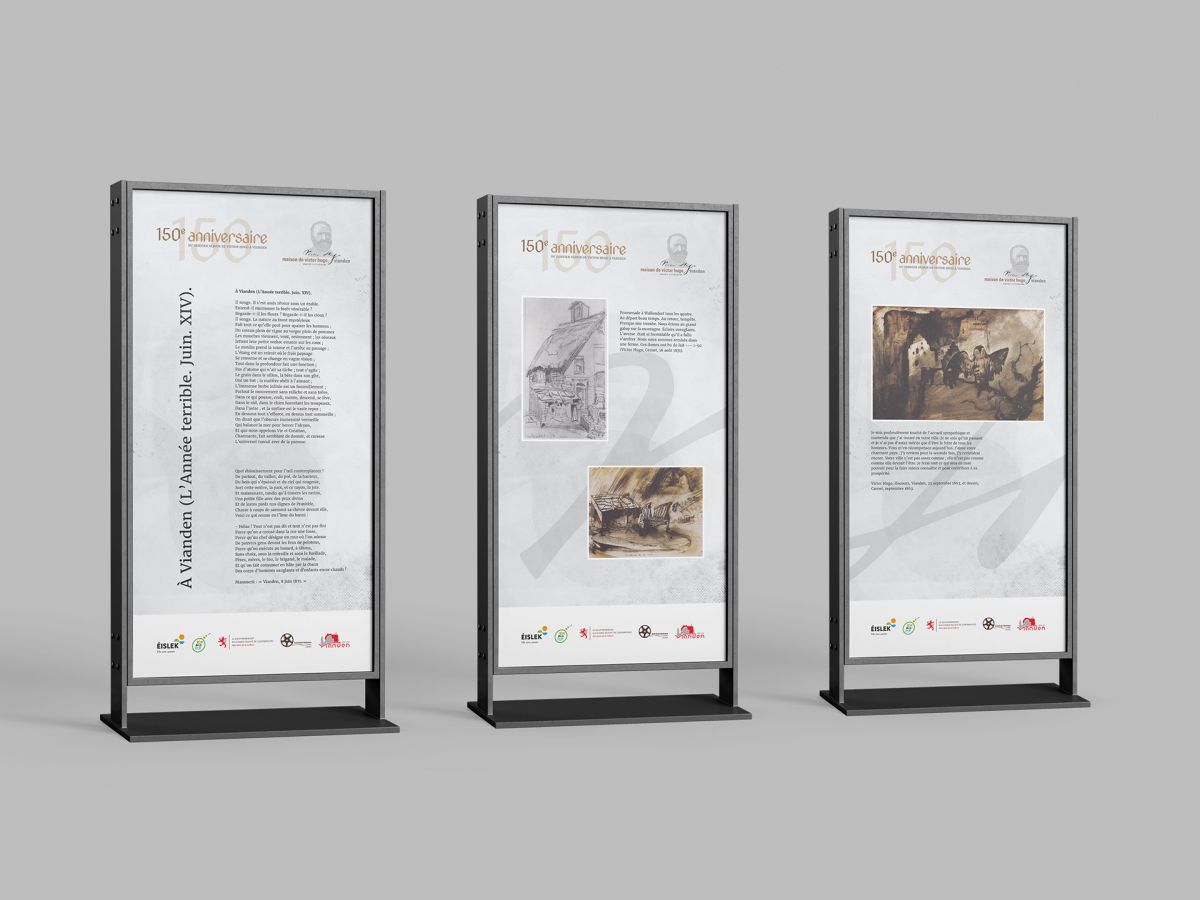 Several billboards showing works from Victor Hugo during his last stay in Vianden