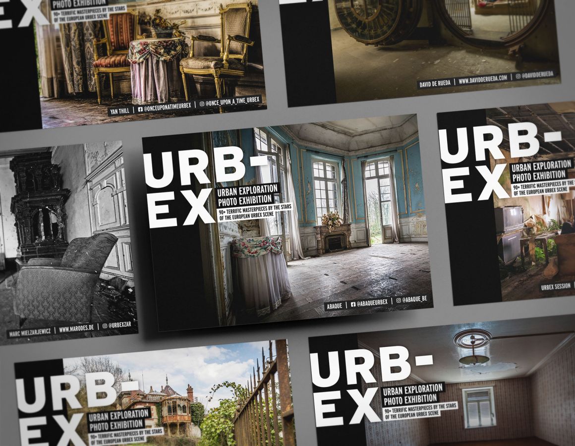 Postcards with various motifs of the stars of the European urban exploration scene arranged in a grid layout.