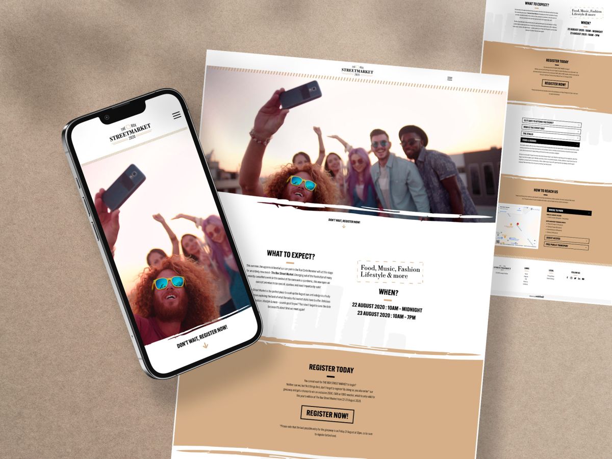 iPhone showing the layout of the mobile event website in the foreground and preview of the desktop website of Luxexpo The Box Streetmarket 2020 in the background.