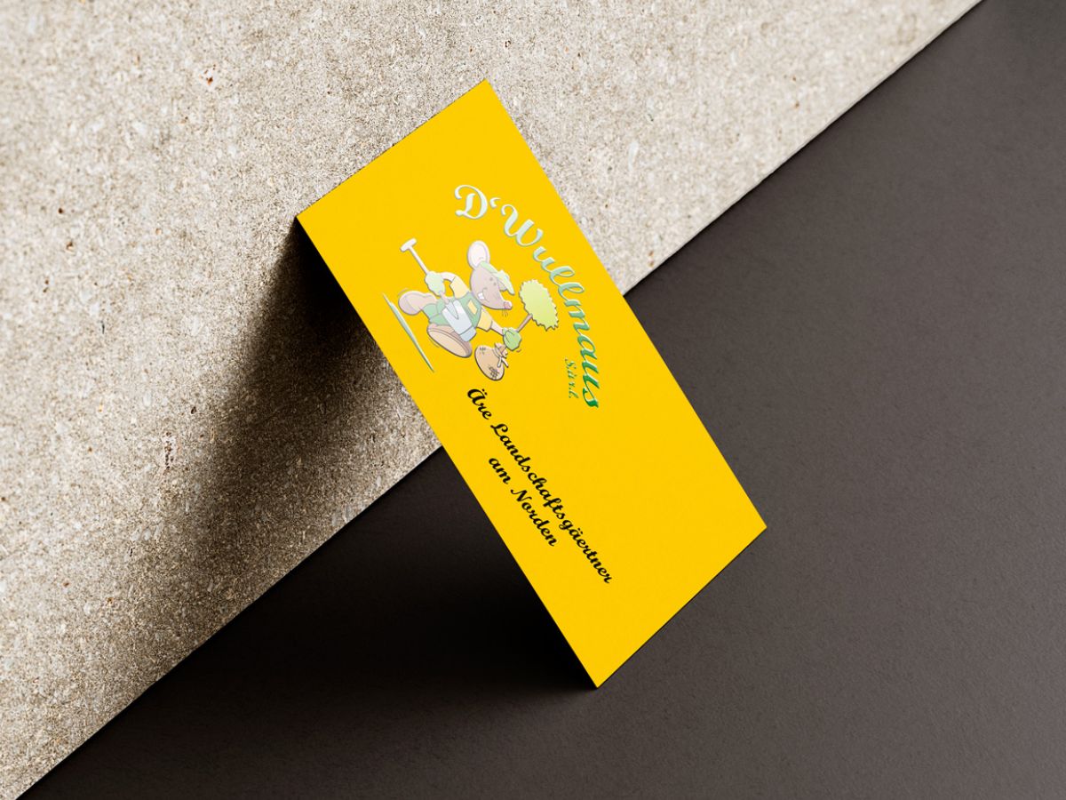 Front of the D'Wullmaus S.à r.l. business card, which has been refined with spot varnish and soft touch.