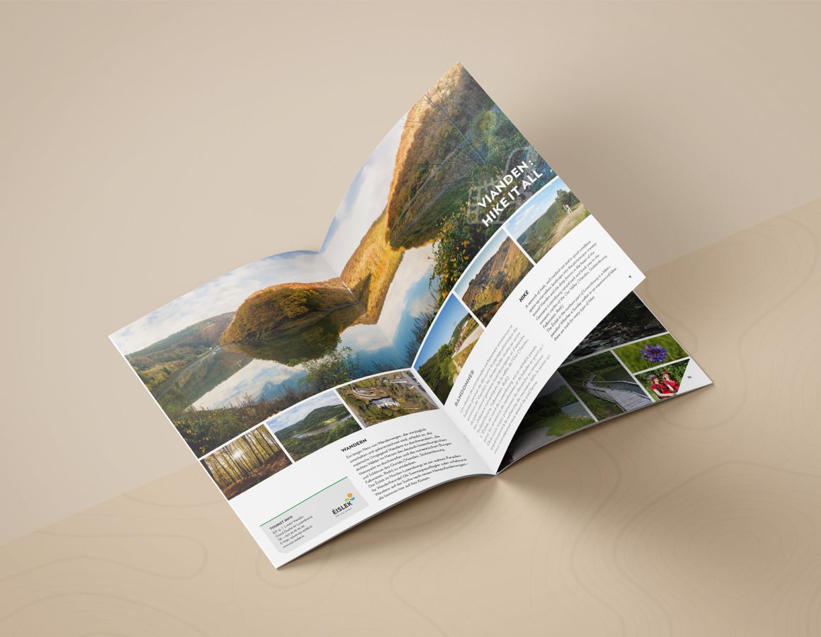 Eine Doppelseite der Visit Vianden Broschüre 2019 mit verschiedenen Fotos und Texten über das Wandern in Vianden und Umgebung.