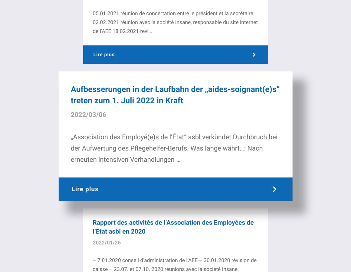 Layout of the news overview on the AEE Asbl website.