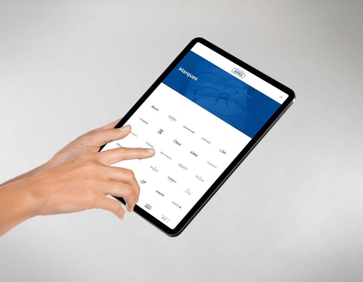 iPad with the different brands of glasses on the Optique Hoss website.