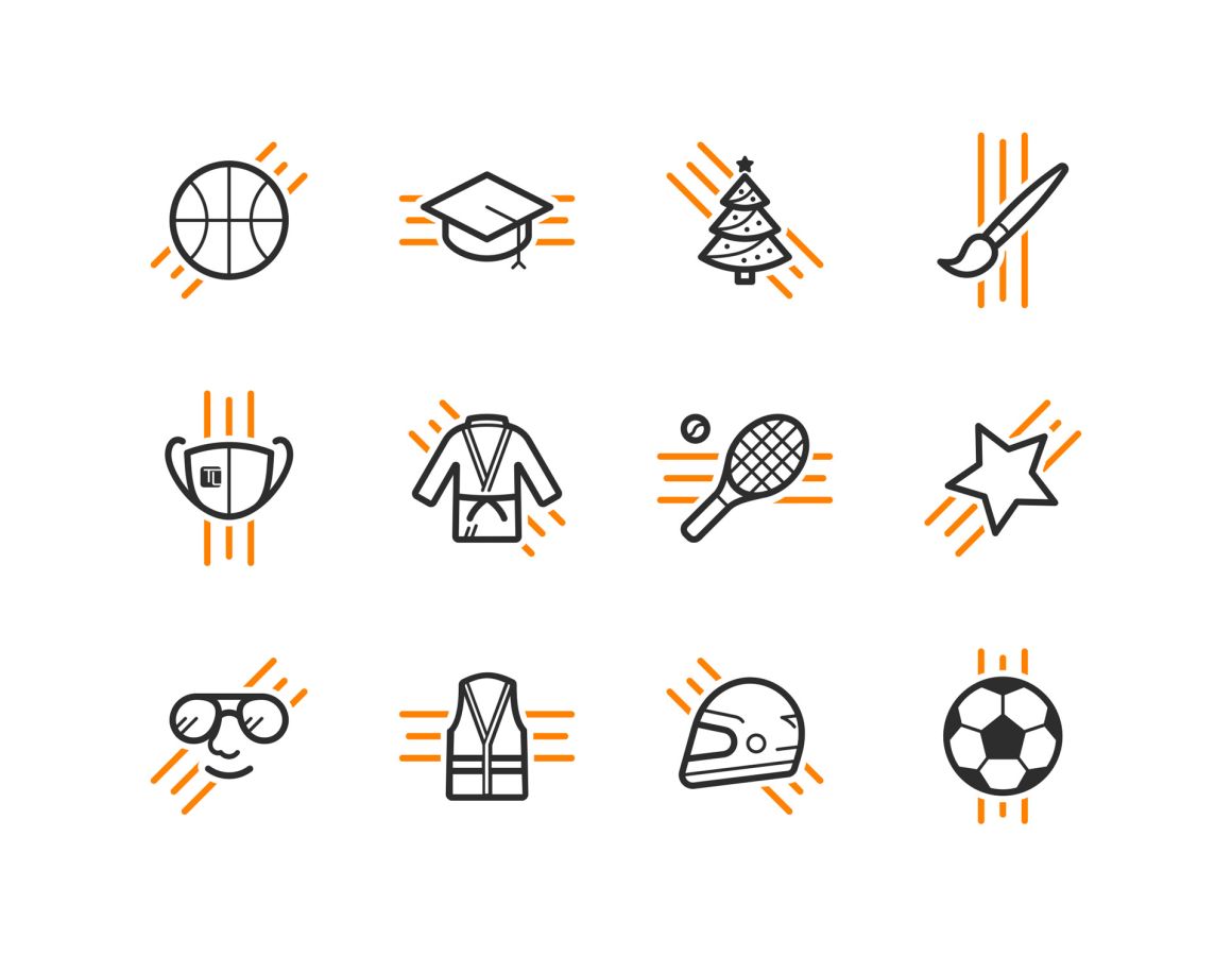 Rasterlayout der verschiedenen Icons, die für die Teamline-Website für die verschiedenen Shop-Kategorien erstellt wurden.
