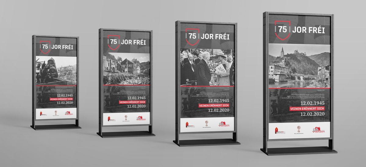 Layout der verschiedenen Ausstellungstafeln mit historischen Fotos und erklärenden Texten, die anlässlich des 75. Jahrestages der Befreiung von Vianden durch die Amerikaner im Zweiten Weltkrieg in der ganzen Stadt aufgestellt wurden.