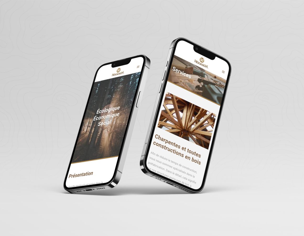 iPhones welche die Homepage und Dienstleistungen von Holzbau Heidesch zeigen.