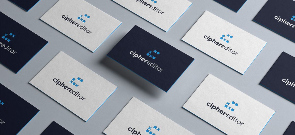 Business cards from ciphereditor showing different variations of the logo.