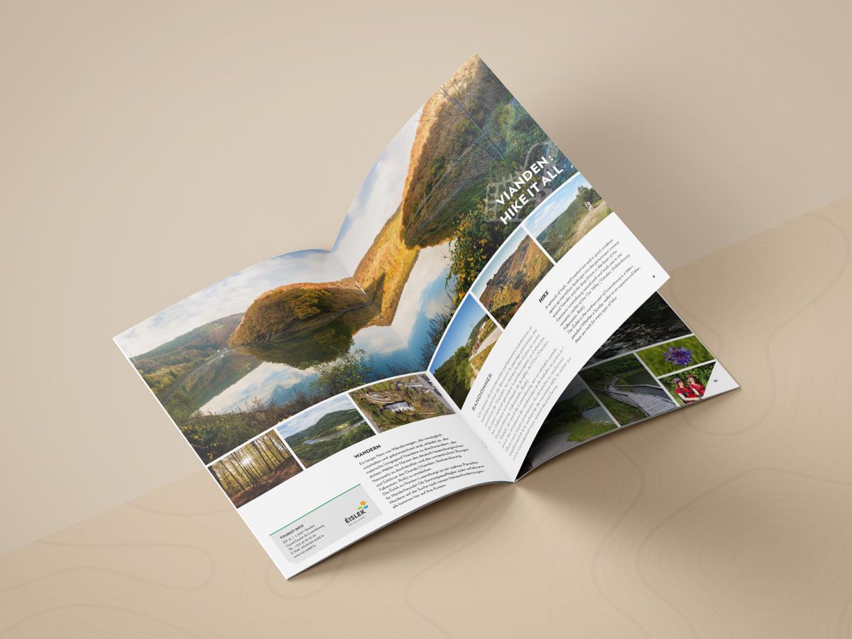 Eine Doppelseite der Visit Vianden Broschüre 2019 mit verschiedenen Fotos und Texten über das Wandern in Vianden und Umgebung.