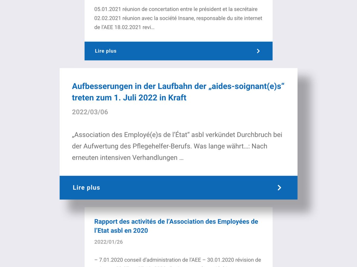 Layout of the news overview on the AEE Asbl website.