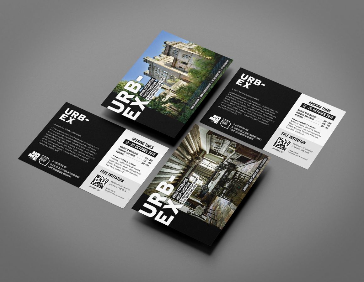 Front and back of the Urban Exploration Photo Exhibition postcards, which also serve as entry tickets.