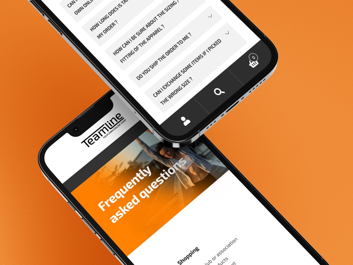 Two iPhones displaying the FAQ section on teamline.lu.