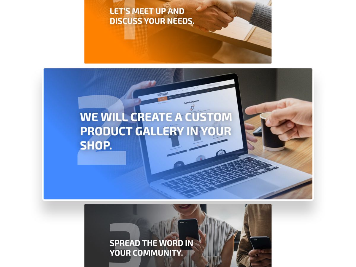 Layout of the cards showing the different steps to get a shop on Teamline.