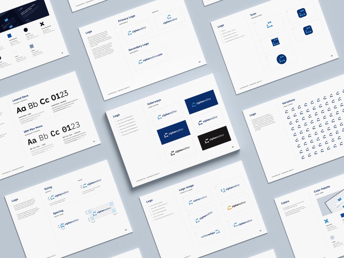 Logo explanations and guidelines of ciphereditor presented in a grid-like layout.