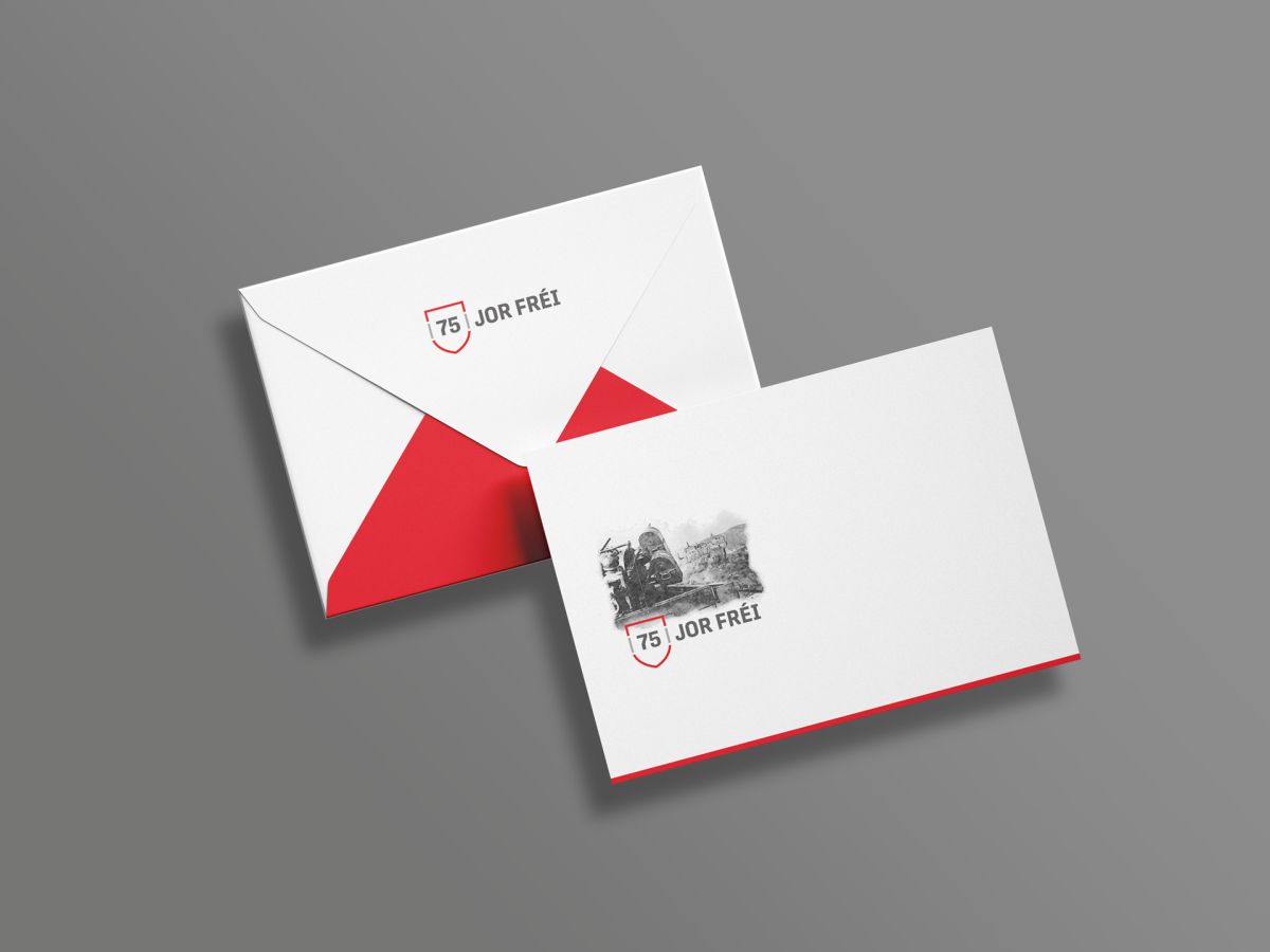 Envelope in the layout of the "75 Jor fréi" branding.