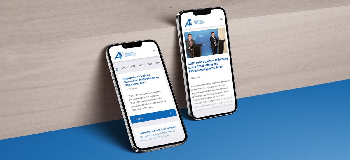 Two iPhones leaning against a wooden surface showing the news overview and a single news article.