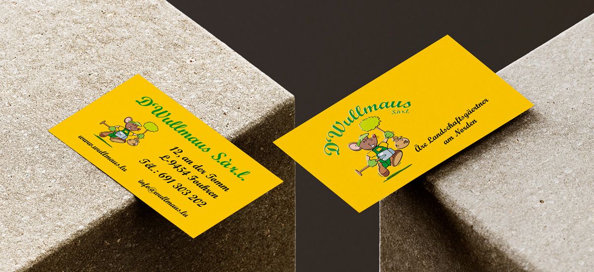 Front and back of the D'Wullmaus S.à r.l. business card lying on a stone.