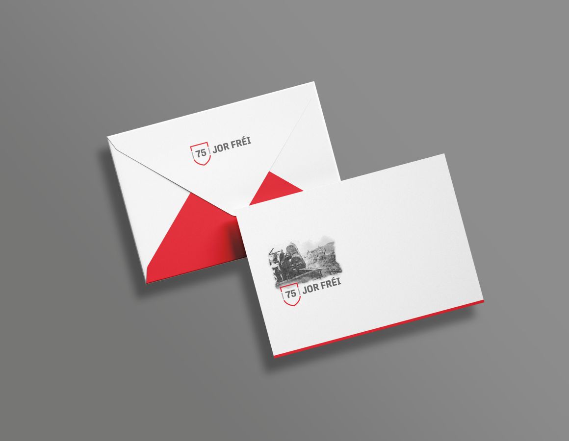 Envelope in the layout of the "75 Jor fréi" branding.