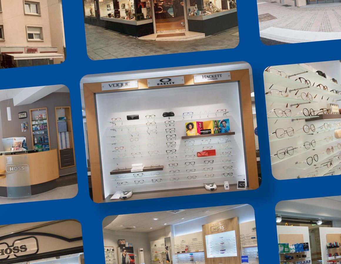 Photos of the Optique Hoss shops arranged in a grid layout.