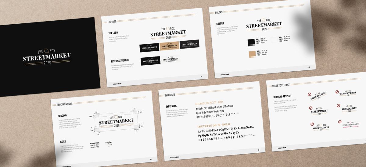 Logo guidelines of the Luxexpo The Box Street Market 2020 presented in a grid layout.