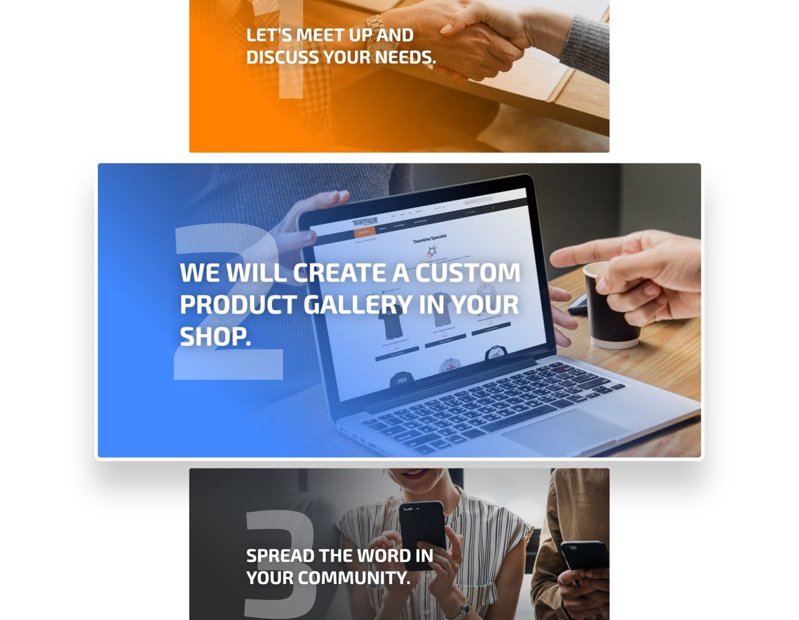 Layout of the cards showing the different steps to get a shop on Teamline.