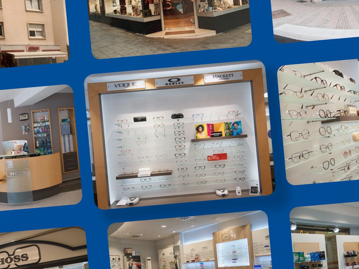 Fotos der Optique Hoss Geschäfte in einem Raster angeordnet.