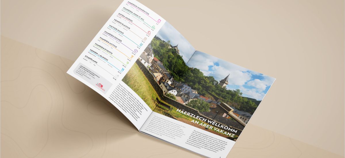 Die ersten beiden Seiten der Visit Vianden Broschüre 2019, die das Inhaltsverzeichnis und einen kurzen Einleitungstext enthalten.