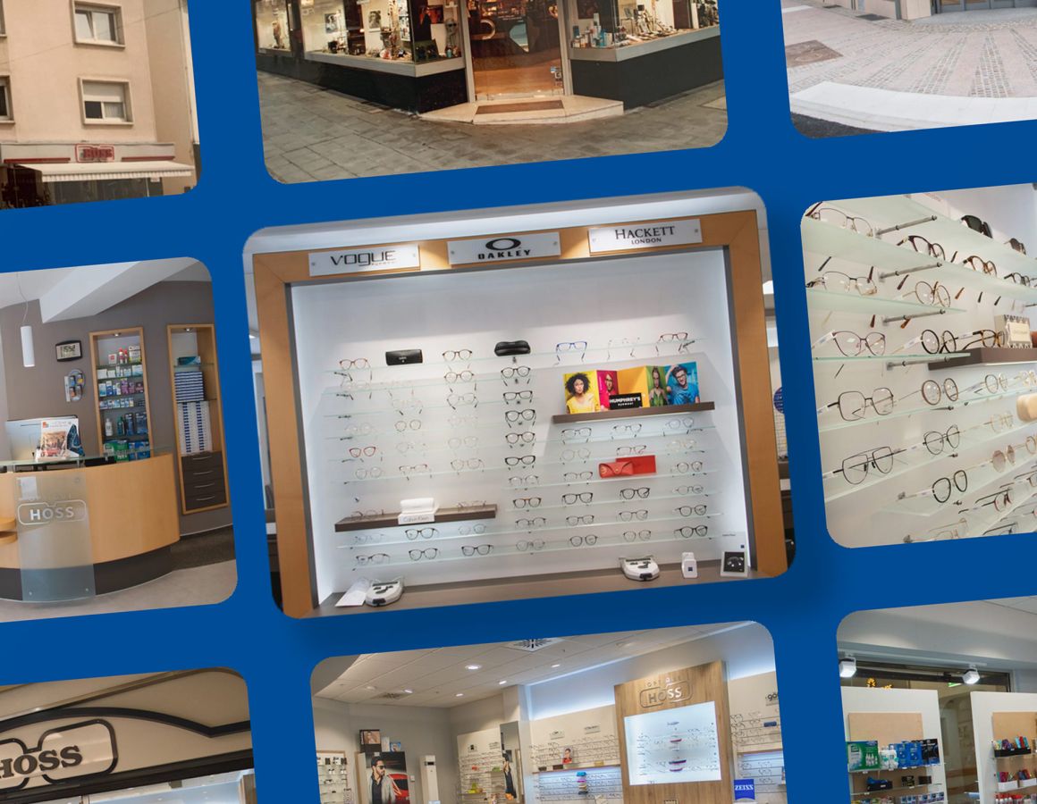 Fotos der Optique Hoss Geschäfte in einem Raster angeordnet.